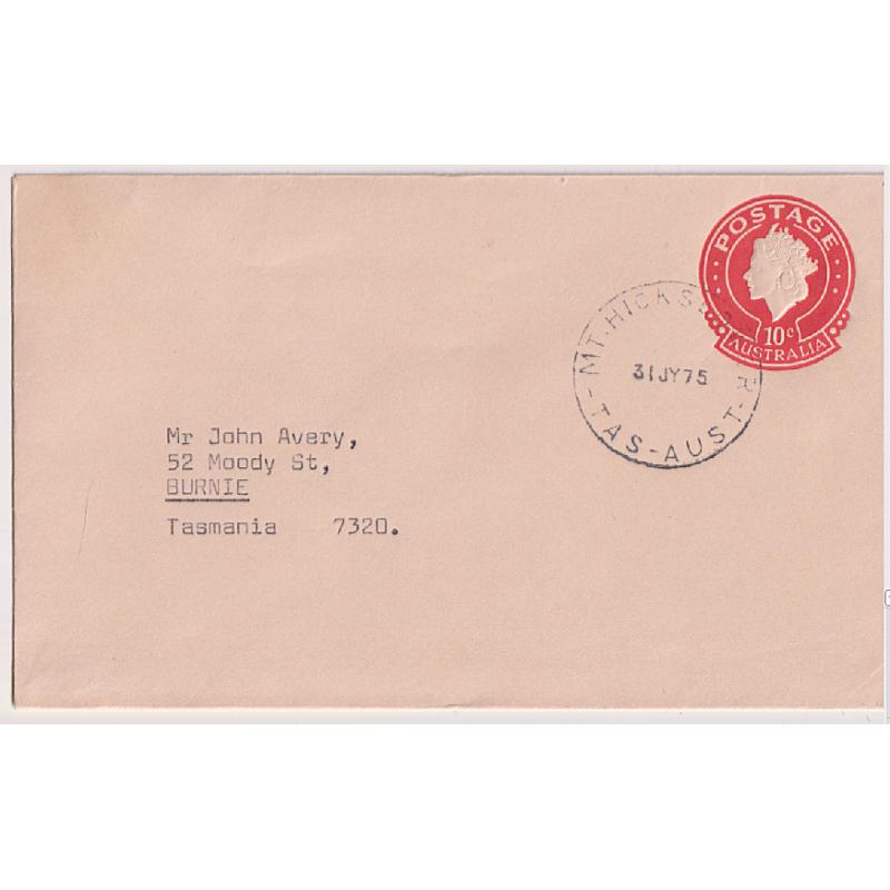 (BL1509) TASMANIA · 1975 (July 31st): MT HICKS LOWER Type 5(s) cds on a 10c QEII PSE mailed from the PO on it&#039;s last day of operation · postmark is rated R · VF condition