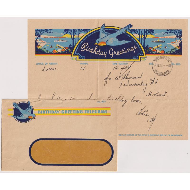 (BW1121) AUSTRALIA · 1939: 'tied' BIRTHDAY GREETINGS telegram (T.G.42H) and envelope (T.G.65P.) used at Moonah (TAS) · see full description · rated RR by Johnstone and this example is much earlier than his ERD (2 items)