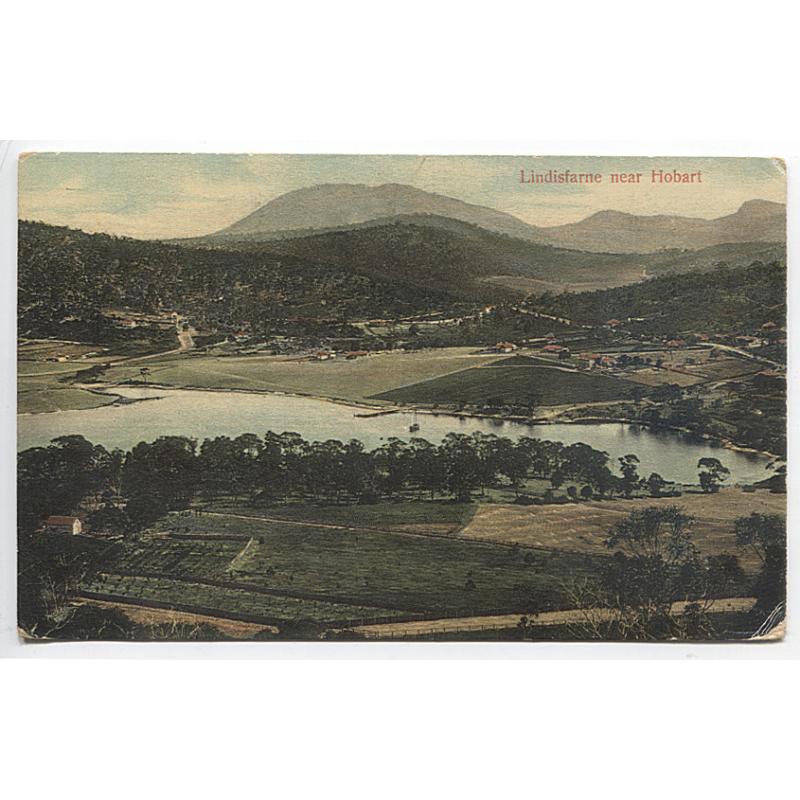 (BY1002) TASMANIA · 1909: uncommon view of LINDISFARNE NEAR HOBART · some peripheral wear but it has been postally used to Mauritius (franking removed without damage)