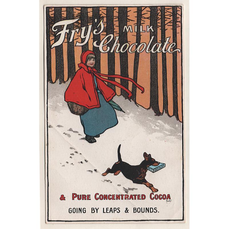 (CB1509) GREAT BRITAIN · 1920s unused FRY'S MILK CHOCOLATE "GOING BY LEAPS & BOUND" advertising postcard · creased as per largest image but quite displayable · please note that this is an original and not a modern reproduction!