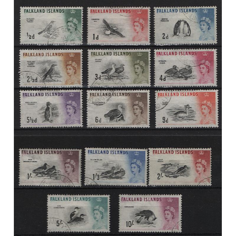 (CB1514) FALKLAND ISLANDS · 1960: QEII Birds pictorial definitives to 10/- all in VFU · total c.v. approx. £80 (14)