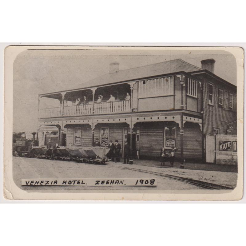 (CD1909) TASMANIA · 1908: postcard size reprint of earlier real photo card featuring a view of the VENEZIA HOTEL, ZEEHAN · believed to have been produced by Zeehan photographer Ron Bradshaw in the 1950s · see full description