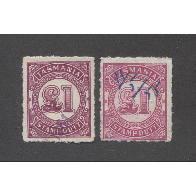 (CH15001) TASMANIA · 1950s: used £1 carmine-lake and rose-carmine Numeral S/Duties (Craig 7.160/a) both in excellent to fine condition · total c.v. AU$55 (2)