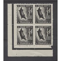(CH15003) TASMANIA · 1955: mint corner block of 4x ½d black Platypus S/Duties (Craig 7.171) · each unit has a clean hinge remnant · nice fresh appearance · total Elsmore online c.v. AU$96 (2 images)