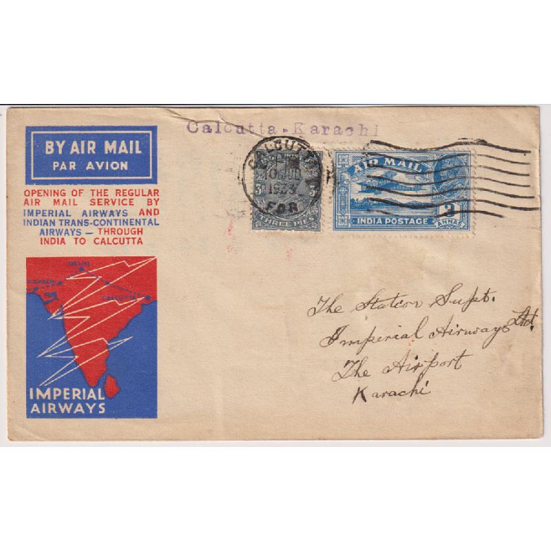 (CK1005) INDIA · 1933: re-purposed Imperial Airways souvenir cover carried on first Calcutta / Karachi air mail flight · some light soiling however the cover is quite displayable (2 images)