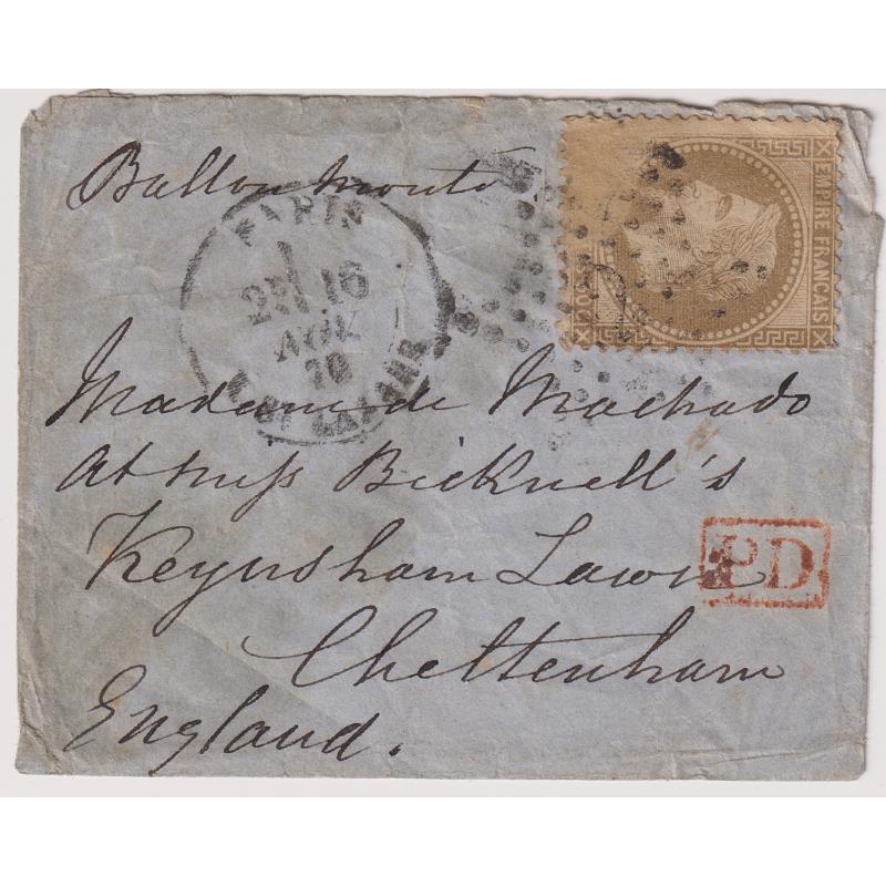 (CK1009) FRANCE · 1870: "Ballon Monte" cover mailed at St. Lazare / PARIS with "Star" cancel '2' · 30c Napoleon III paid rate to G.B. · mostly likely carried on the balloon GENERAL URICH · see full description (2 images)