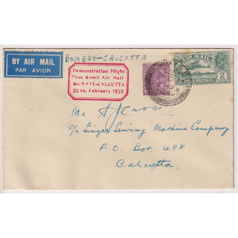 (CK1010) INDIA · 1935: cacheted cover carried on first air mail flight from BOMBAY to CALCUTTA on February 25th · any imperfections are very minor · attractive cover · Calcutta arrival b/s