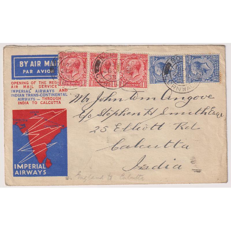 (CK1012) GREAT BRITAIN · 1933: Imperial Airways cacheted cover carried on first G.B. to Calcutta air mail flight via Karachi · transit and arrival b/stamps · signed by Indian rocket scientist Stephen H. Smith (2 images)
