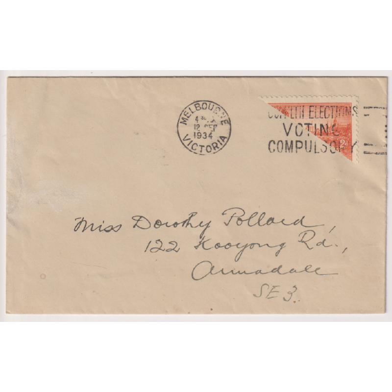 (CN1010) AUSTRALIA  1934: bi-sected 2d Victorian Centenary commemorative on cover · reason for use (other than 'philatelic') unknown · see full description