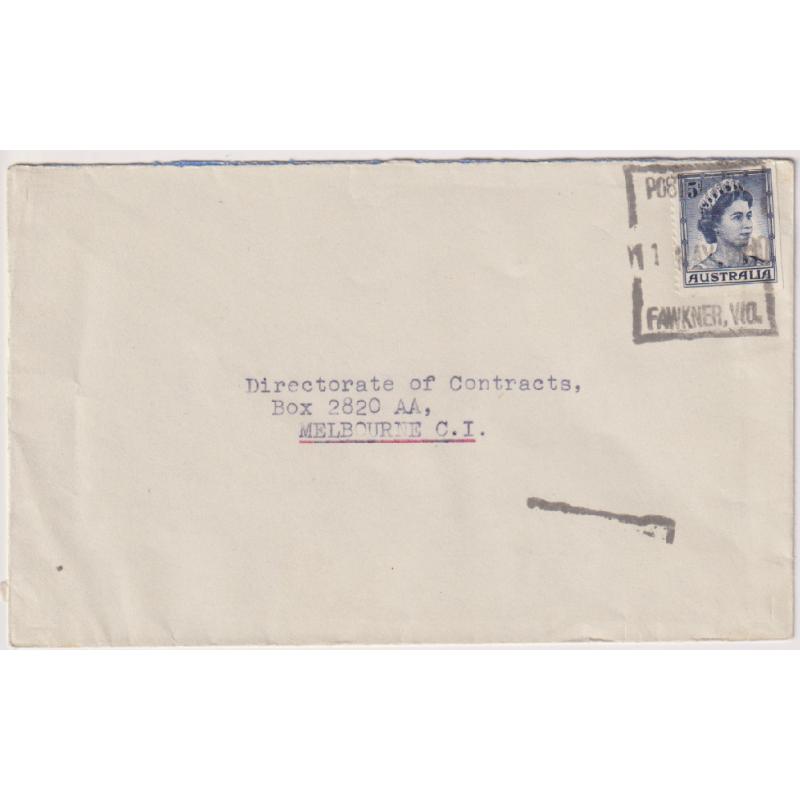 (CN1013) VICTORIA · POSTMASTER FAWKNER, VIC. rectangular datestamp on a small commercial cover · the WWW #110 datestamp is rated RR