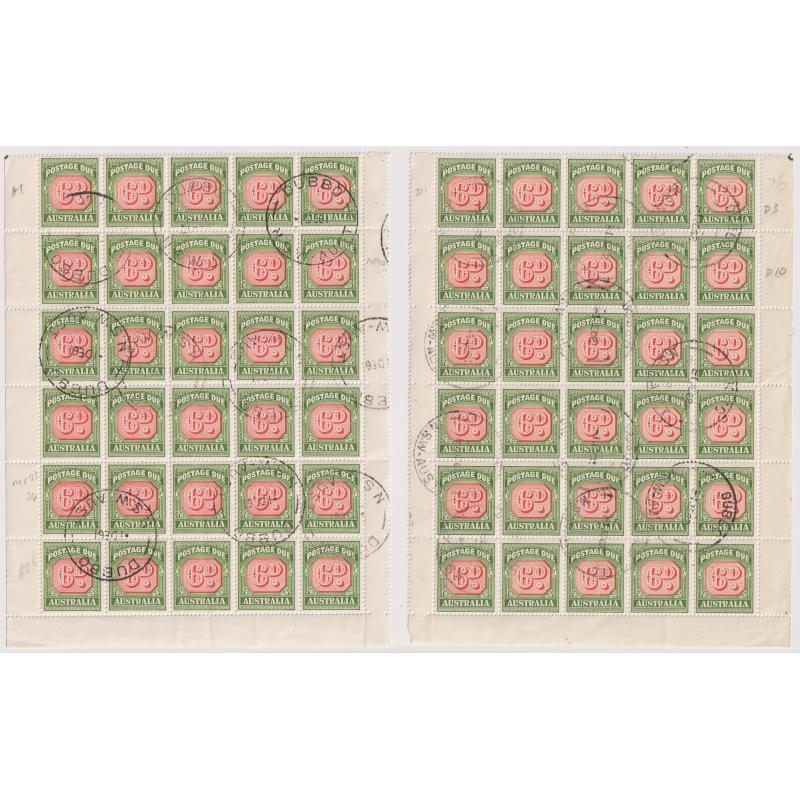 (CN1020L) AUSTRALIA · 1961/62: 2 large multiples of 30x Die II 6d carmine & deep green Postage Due (No Wmk) SG D137 from different panes · total c.v. £120 · see full description (2 items)