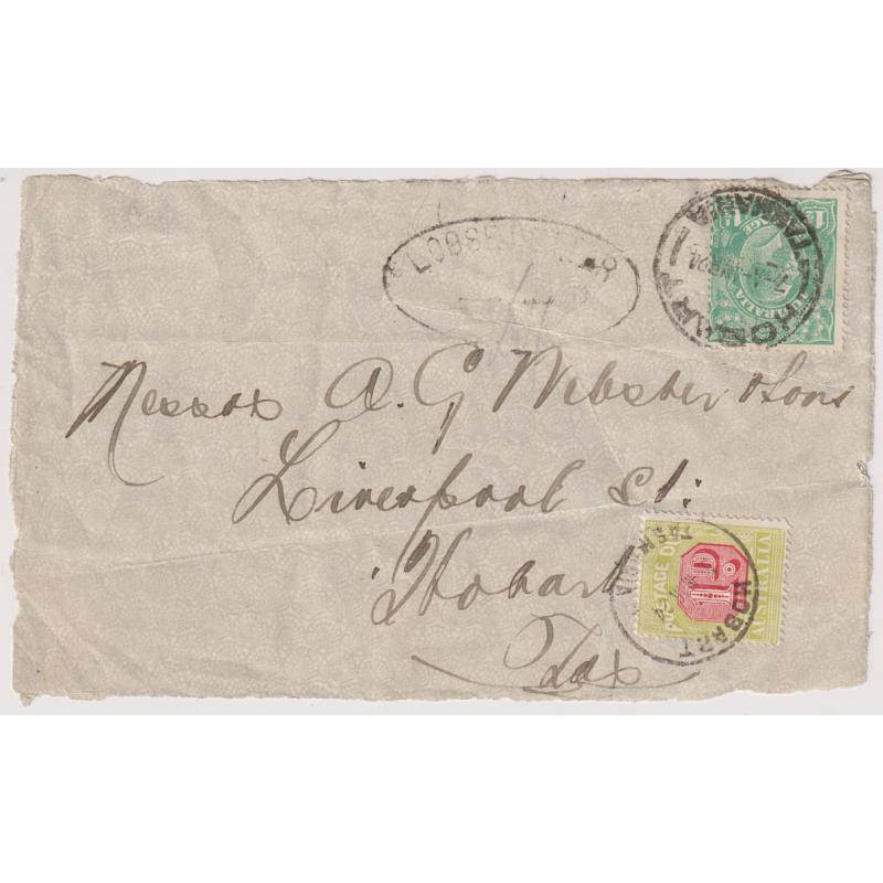 (CN1021) TASMANIA · 1924: cover front with a light but obvious impression of the LOOSE LETTER · TO PAY h/s (Reid LL03 - recorded "a single example recorded dated 04/05/09 in 2008) · some faults but quite displayable