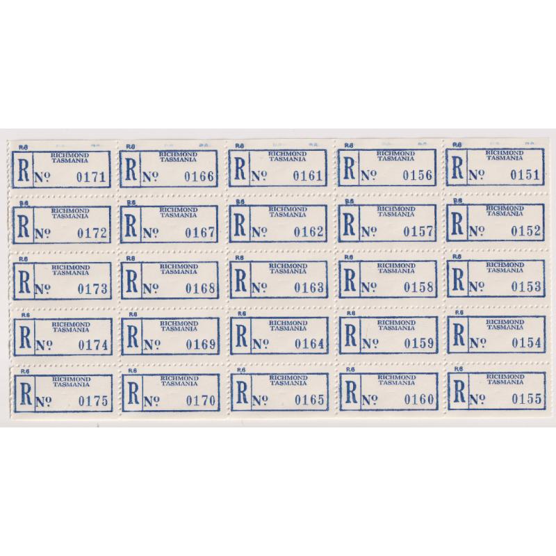 (CN1100) TASMANIA · 1970s/80s: complete sheet of 25x REGISTRATION LABELS for use at the RICHMOND post office · VF condition
