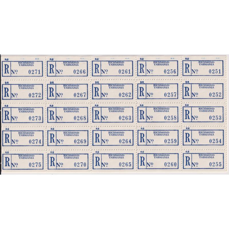(CN1105L) TASMANIA · 1980s: THREE complete sheets of REGISTRATION LABELS printed for used at RICHMOND, TASMANIA · label numbers are consecutive across the sheets