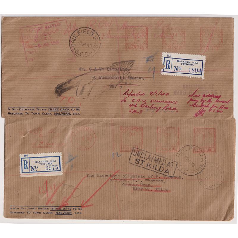 (CN1202L) VICTORIA · 1938/40: 3 stampless registered legal size envelopes all returned to the sender as undeliverable · range of postmarks, instructional markings, etc. · excellent condition (2 images)