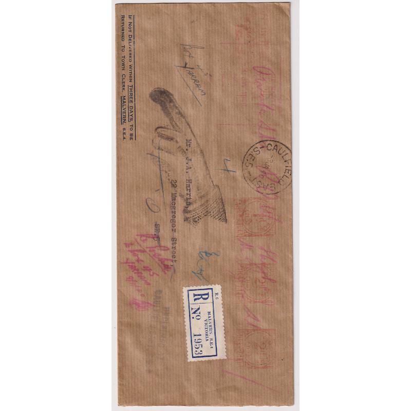 (CN1202L) VICTORIA · 1938/40: 3 stampless registered legal size envelopes all returned to the sender as undeliverable · range of postmarks, instructional markings, etc. · excellent condition (2 images)