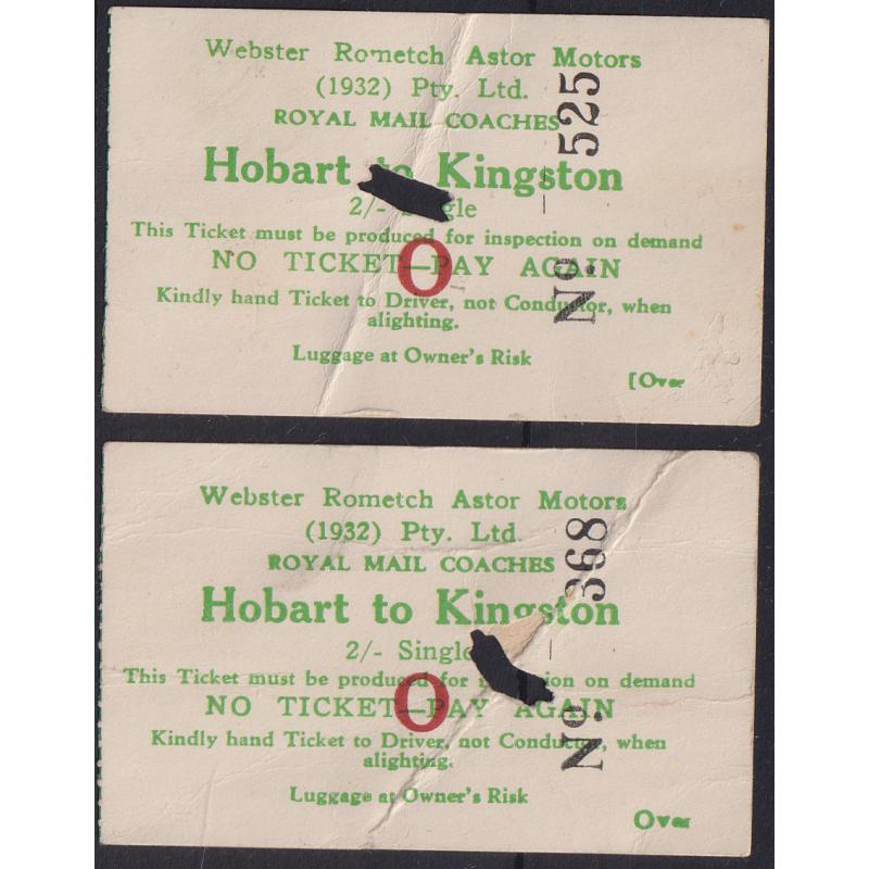 (CN1210) TASMANIA · 1930s: two used single 2/- WEBSTER, ROMETCH ASTOR MOTORS tickets to travel HOBART / KINGSTON · creased but clean and quite presentable · rare survivors! (2 images)