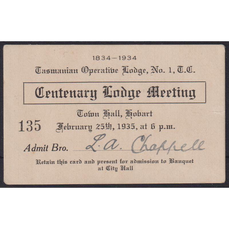 (CN1211) TASMANIA · 1934: ticket to the Hobart Town Hall Banquet & Centenary Lodge Meeting of the Tasmanian Operative Lodge No.1 (Freemasons) · excellent condition · is there another  available after 89 years? $5 STARTER!!