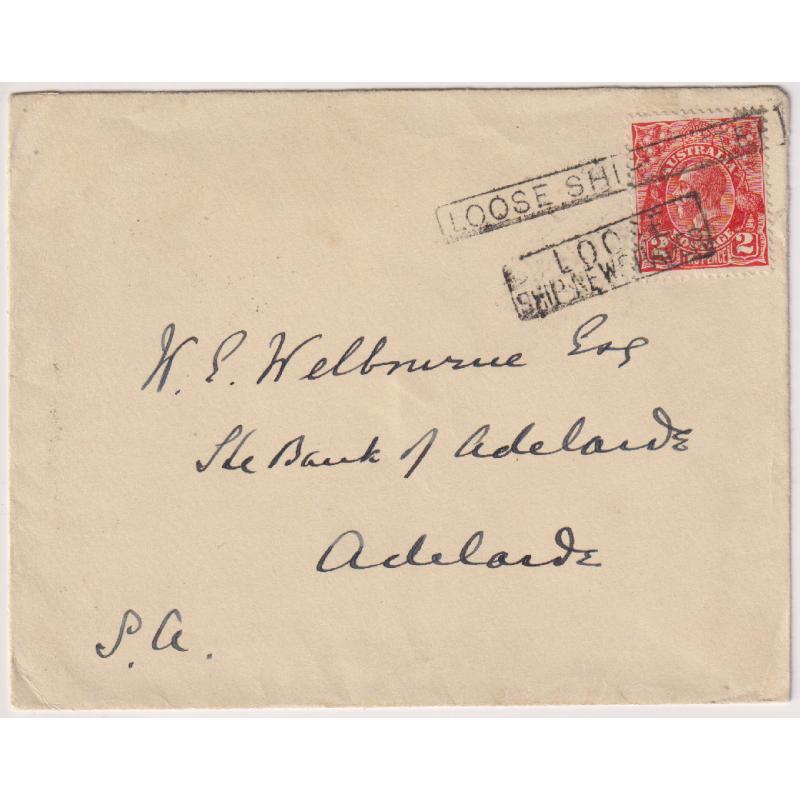 (CN1214) AUSTRALIA · 1934: P&O/NZSCo. envelope w/ 2d KGV franking tied by a clear strike of the ultra rare LOOSE SHIP NEWSPAPER h/s (rated DD by Hosking) plus a clear impression of the LOOSE SHIP LETTER h/s · both applied at Melbourne (cds on back)