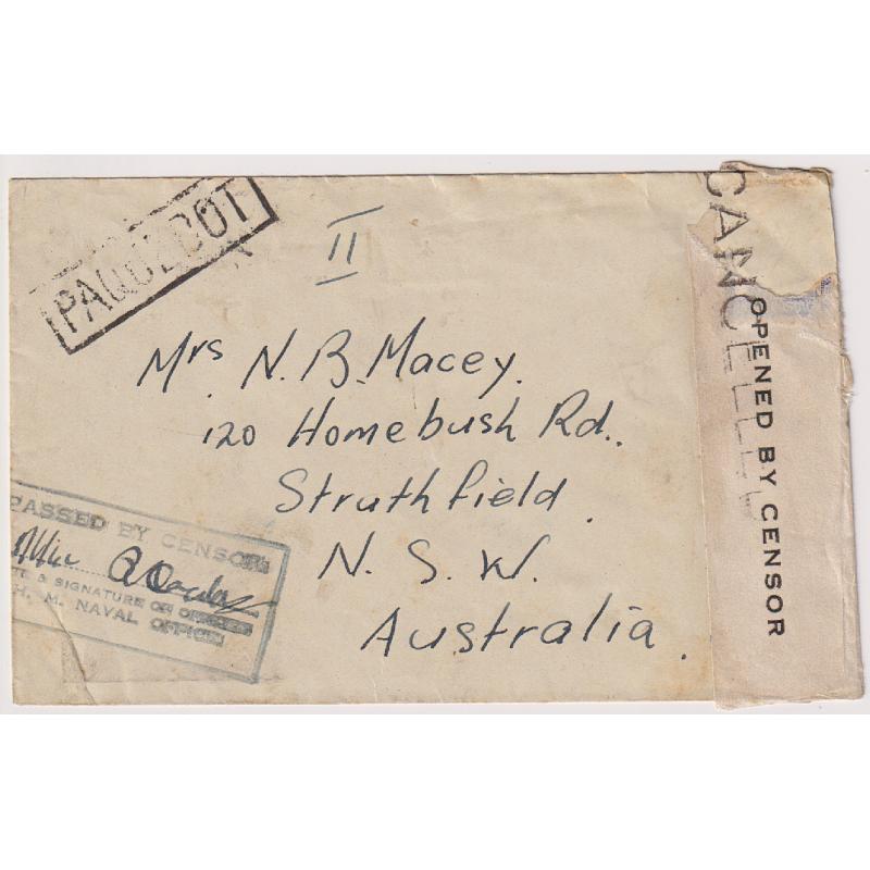(CN1215) AUSTRALIA · INDIA  1940s: inwards censored cover to Sydney stamped PAQUEBOT at Sydney · most of Indian stamp removed in accordance with wartime security measure · some imperfections but very presentable · not listed by Hosking in Vol.2