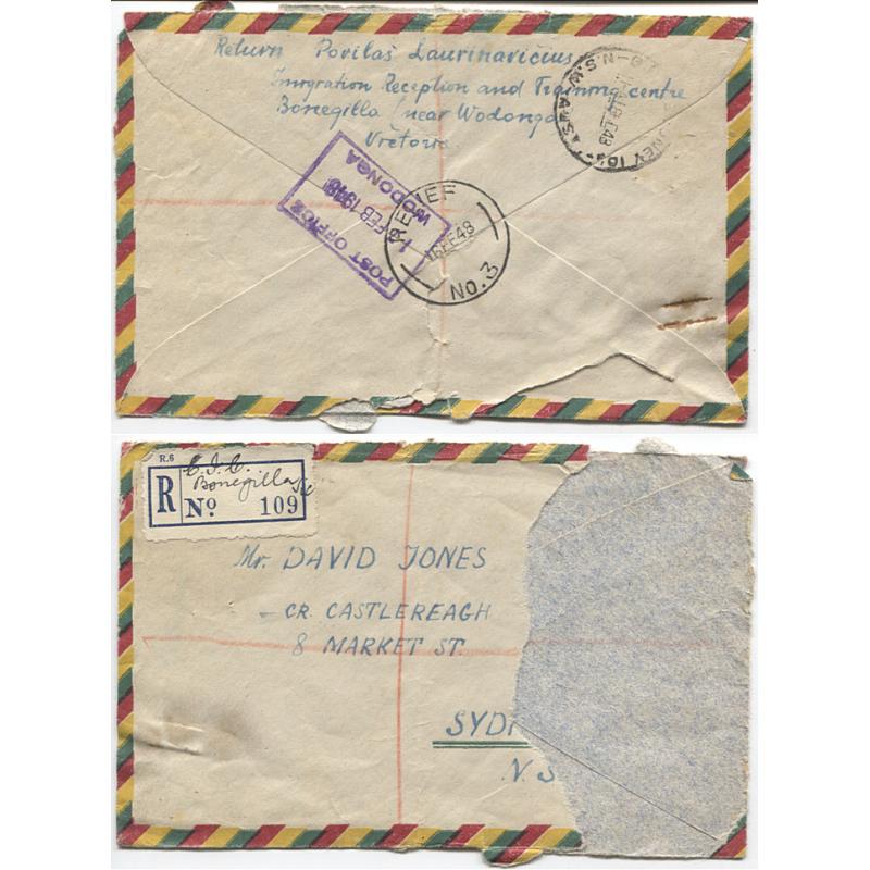 (CN1961) VICTORIA · 1948: cover with damaged front bearing a clear strike of RELIEF No.3 used at Bonegilla Immigration and Training Camp and a nice strike of the rubber boxed WODONGA datestamp (3 images)