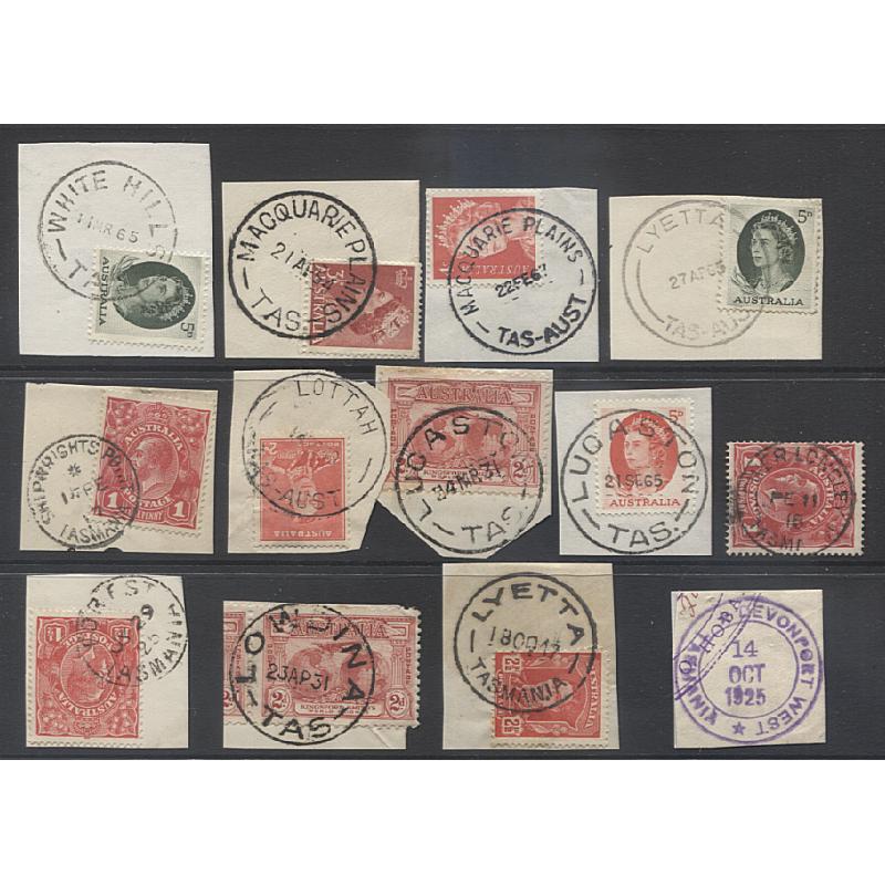 (CT10050) TASMANIA · a "Baker's Dozen" of selected postmarks from the pages of the Avery Collection · includes LYETTA (2), LUCASTON (2), MACQUARIE PLAINS (2), LOWDINA, LOWER LONGLEY, etc. (13)