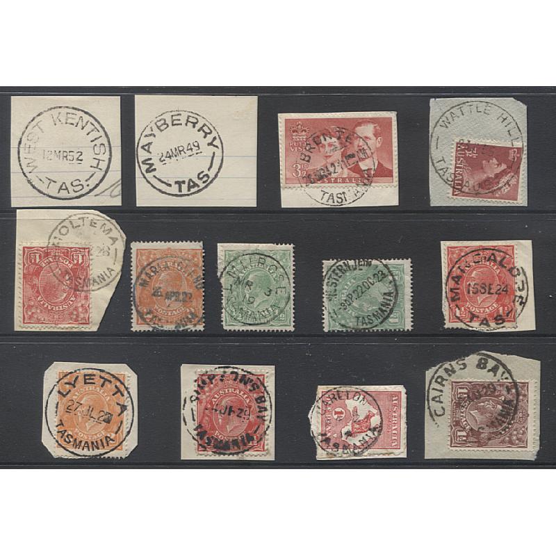 (CT10051) TASMANIA · a "Baker's Dozen" of selected postmarks from the pages of the Avery Collection · includes BRONTE, WATTLE HILL, MELROSE, WESTERN JCTN, LYETTA, CARLTON, etc. · noted rated to 2R (13)