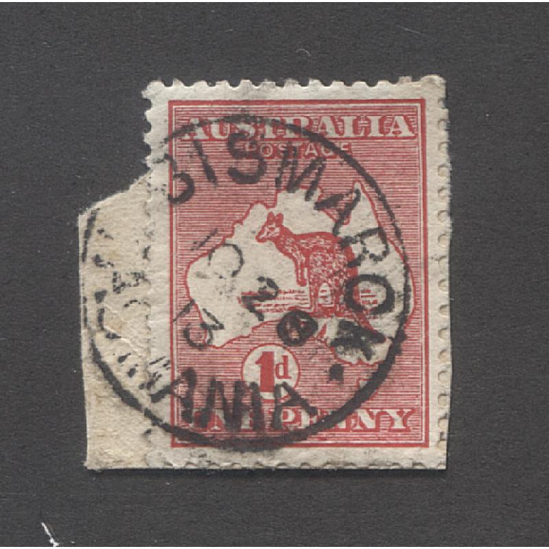 (CT10053) TASMANIA · 1913: a clear and nearly complete strike of the BISMARCK Type 1 cds ties a 1d Roo to piece · postmark is rated 3R