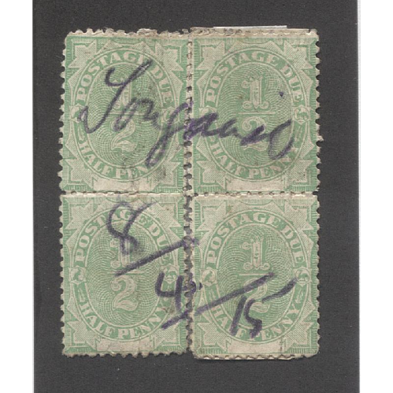 (CT10058) TASMANIA · 1915: "TONGANAH" (RAILWAY) mss cancel on a re-joined block of ½d P/Dues dated "8/4/15" .... the latest recorded date · postmark is rated 5R · ex Avery Collection