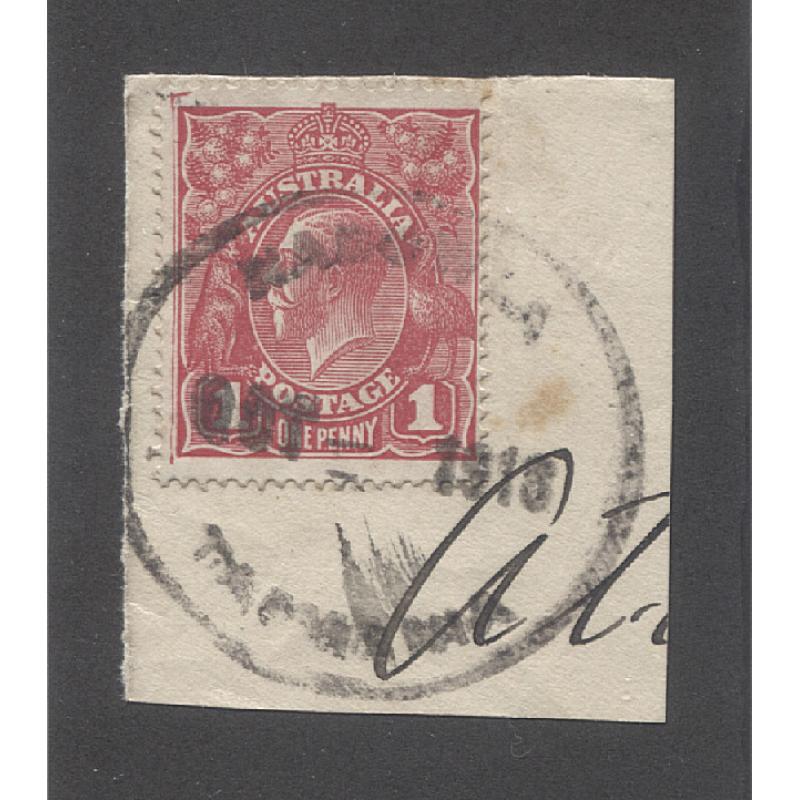 (CT10060) TASMANIA · 1918: a nearly complete example of the NABOWLA Type R1 cds (showing wear) in a 1d red KGV franked piece · postmark is rated 2R