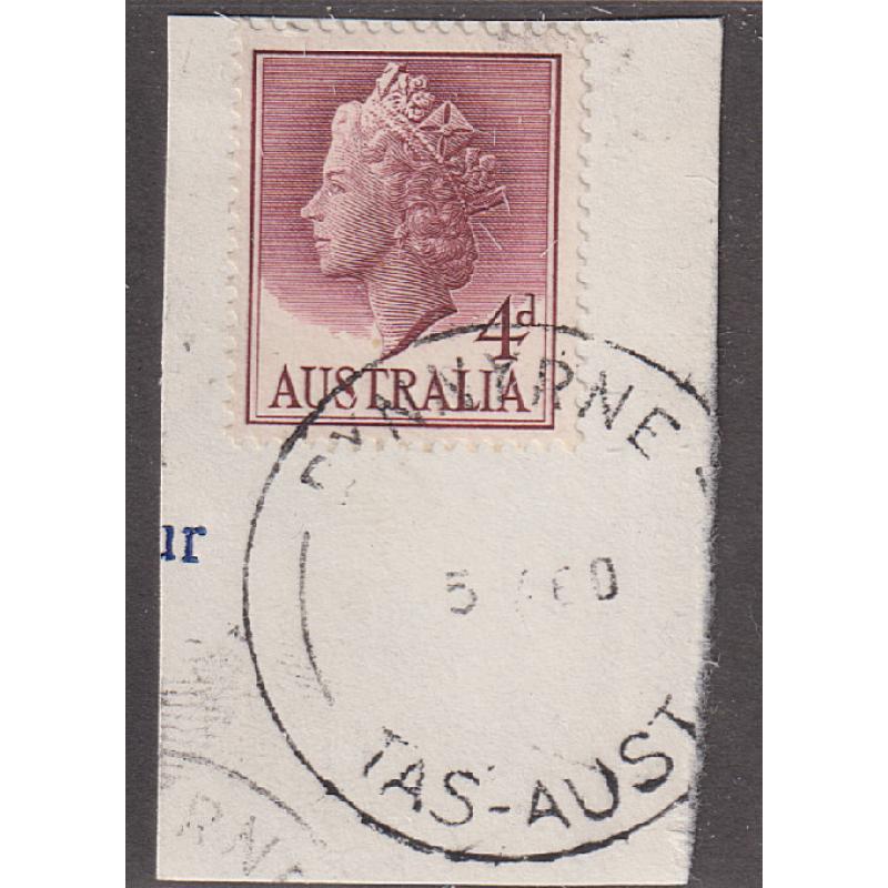 (CT1105) TASMANIA · 1960: a clear and nearly complete impression of the ultra rare DYNNYRNE Type 5s cds on an envelope clipping · postmark is rated 5R · ex Avery Collection