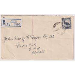 (CT1117) TASMANIA · 1947: registered commercial cover to Hobart address with nice full strikes of the BRONTE Type 3 cds front and reverse · fine condition · postmark is rated 2R (2 images)