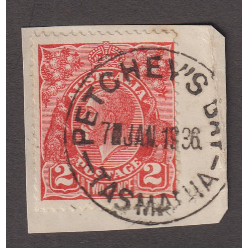 (CT1189) TASMANIA · 1936: a bold and nearly complete impression of the PETCHEY'S BAY Type 2c cds on 2d red KGV franked piece · postmark is rated 3R