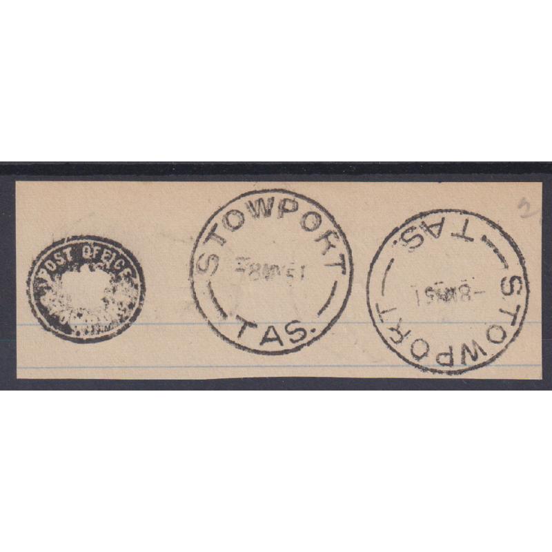 (CT1211) TASMANIA · 1951: notebook page clipping bearing a clear impression of the STOWPORT Crown Seal "tied" to 2 strikes of the Type 4a cds · ex Avery Collection