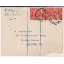 (CT1226) TASMANIA ·  1938: two full clear strikes of the DEVONPORT Type 4(x) cds ('WEST' removed) on a faulty Express Delivery envelope to Melbourne · postmark is rated 4R (2 images)