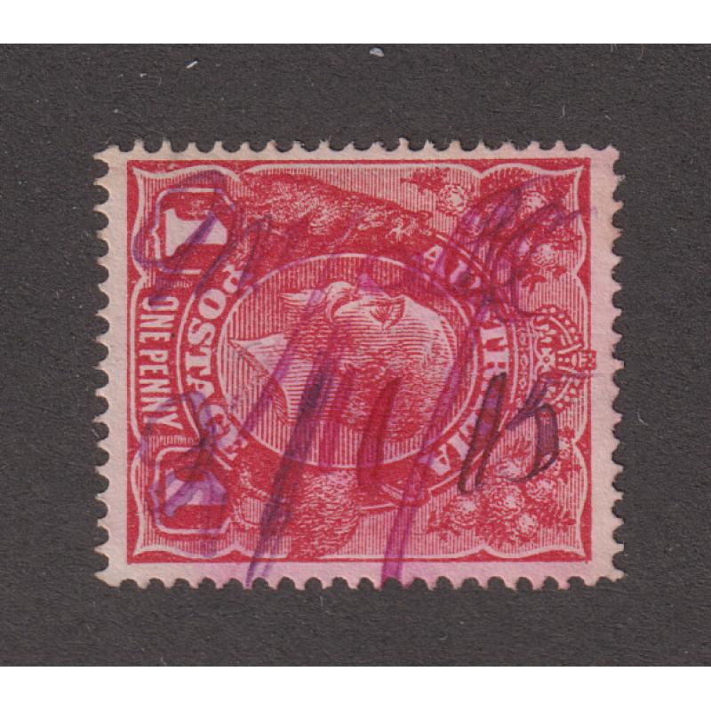 (CT1227) TASMANIA ·  1915: a 1d red KGV defin bearing a full "MYALLA" manuscript cancel in purple ink dated "9/11/15" · cancel is rated 4R