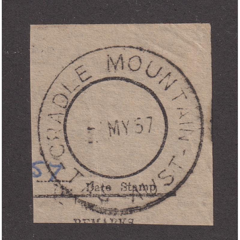 (CT1251) TASMANIA · 1957: a full clear strike of the CRADLE MOUNTAIN Type 5 cds on a PO document clipping · this example, from the second open period, is rated 3R