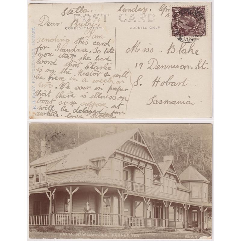 (CT1255) TASMANIA · c.1920: real photo card by H.H. Baily w/view HOTEL MT WELLINGTON · mailed to South Hobart from there with a full clear strike of the SPRINGS Type 2a cds · postmark is rated 5R (2 images)