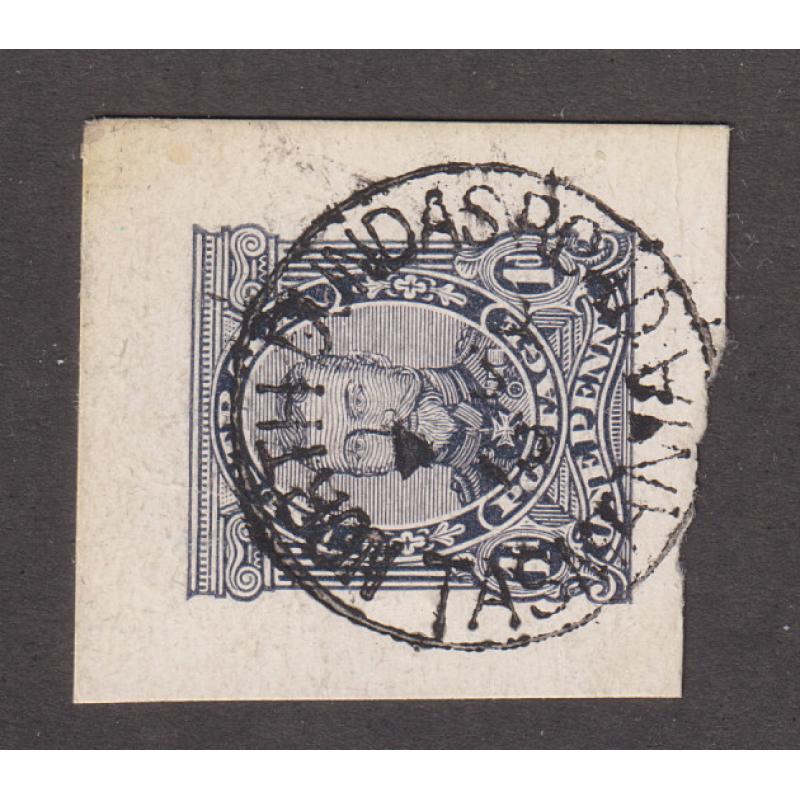 (CT1256) TASMANIA · 1913: a nearly complete strike of the NORTH DUNDAS ROAD Type 1 cds on a 1d KGV postal card clipping · postmark is rated 5R during this period