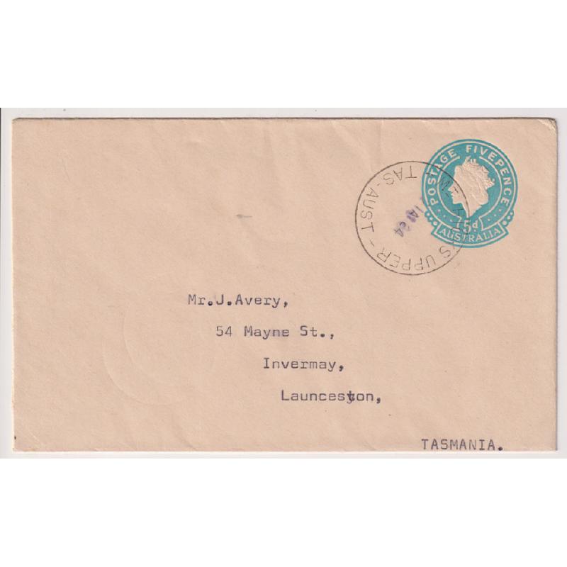 (CT1257) TASMANIA · 1964: a fine strike of the MT HICKS UPPER Type 5 cds on a 5d QEII PSE · postmark is rated R