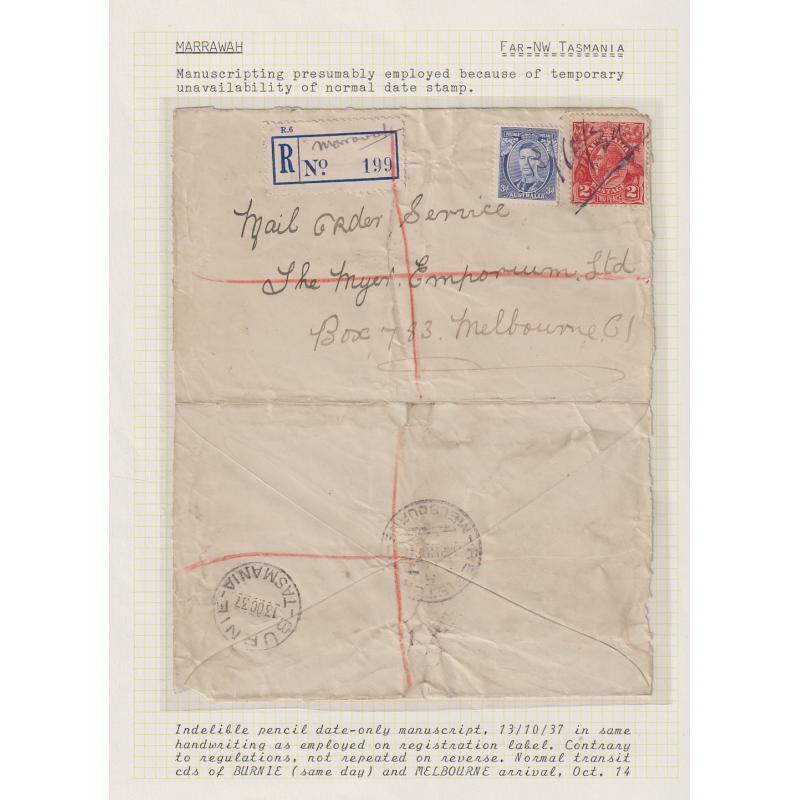 (CT1263L) TASMANIA · 1937: page from Avery Collection housing a registered cover mailed to VIC at MARRAWAH · provisional label + stamps cancelled in indelible pencil "13/10/37" condition as per largest image