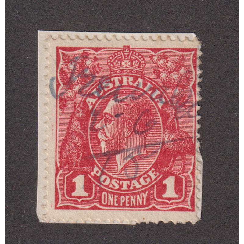 (CT1266) TASMANIA · 1915: a clear and complete example of a TREWALLA mss. cancel dated '2-6-15' on a 1d red KGV defin affixed to a neat envelope clipping · postmark is rated 4R