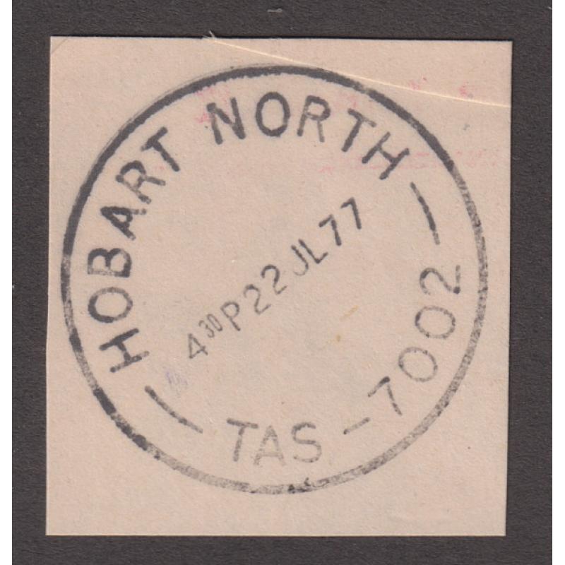 (CT1272) TASMANIA · 1977: a full clear strike of the HOBART NORTH Type 7T(i) cds on an envelope clipping · INCORRECT POSTCODE · postmark is rated 4R