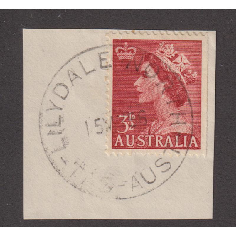 (CT1295) TASMANIA · 1956: a light but obvious full impression of the LILYDALE NORTH Type 5(ii) cds on piece · postmark is rated 2R · $5 STARTER!!