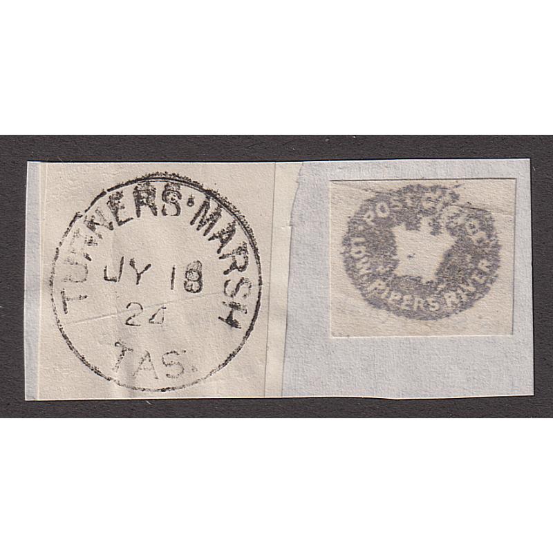 (CT1313) TASMANIA · 1924: clear impressions of the TURNERS MARSH Type 1a cds and the LOW(ER) PIPERS RIVER Crown Seal on document clippings and affixed to one backing piece · the Crown Seal bears the original name of the PO · ex Avery Collection