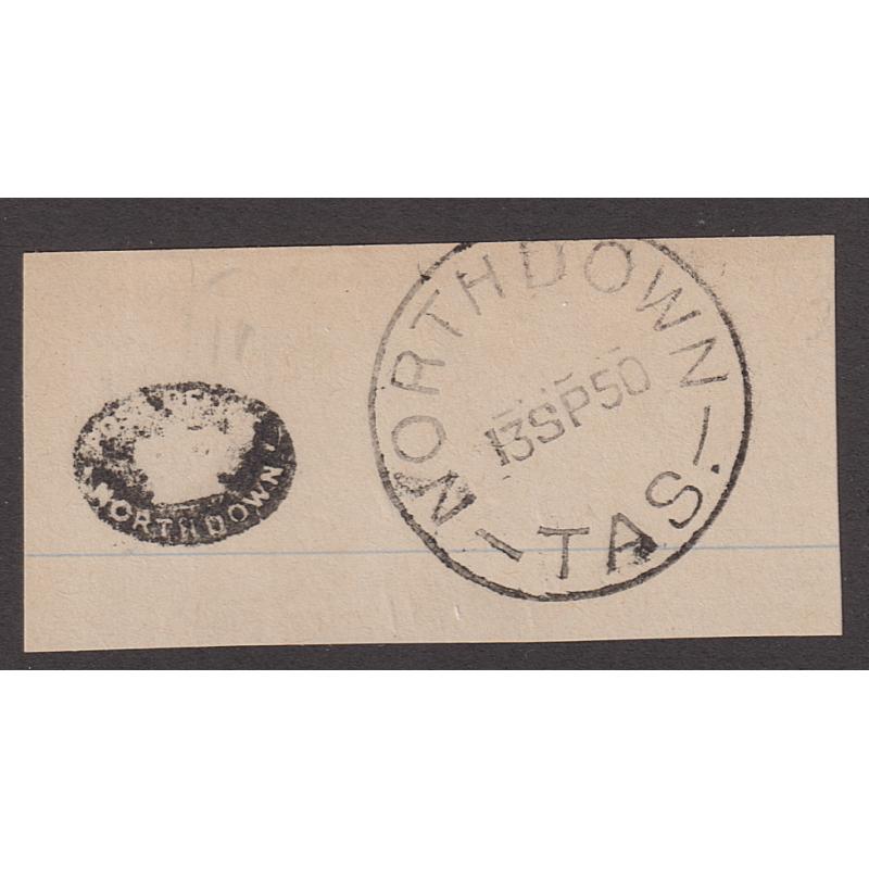 (CT1315) TASMANIA · excellent impressions of the NORTHDOWN Crown Seal and Type 4a cds on a notebook clipping (probably ex District Postal Inspector - ex Avery Collection