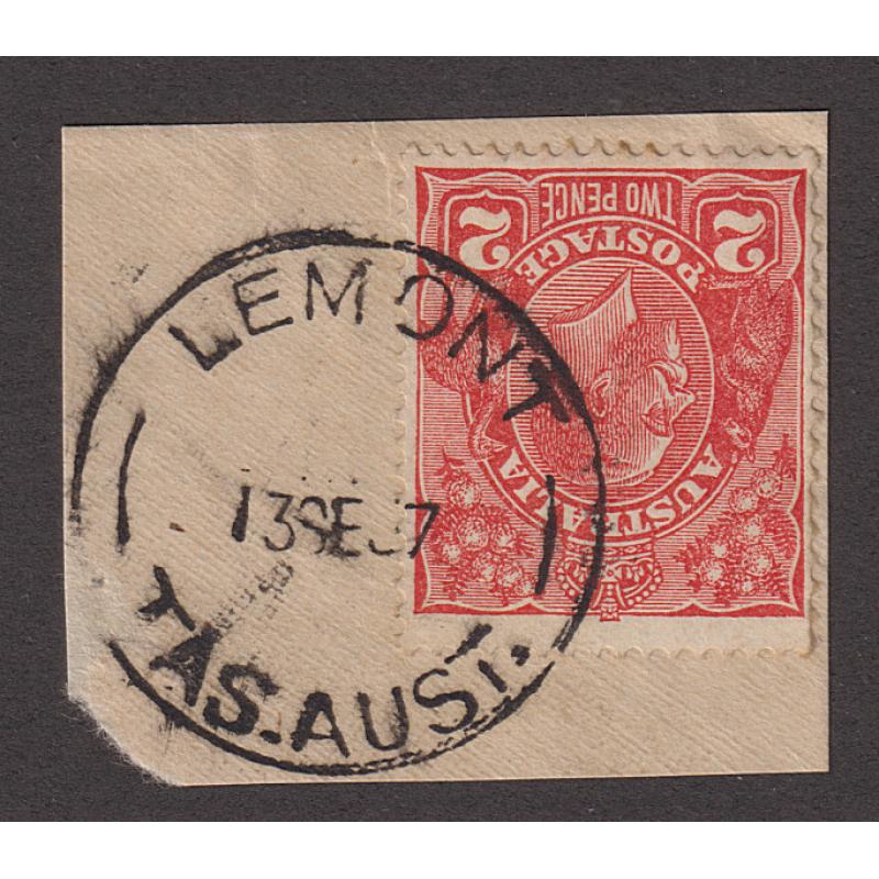 (CT1319) TASMANIA · 1937: an excellent strike of the LEMONT Type 5 cds ties a 2d KGV defin to piece · postmark is rated 3R and this is quite an early strike