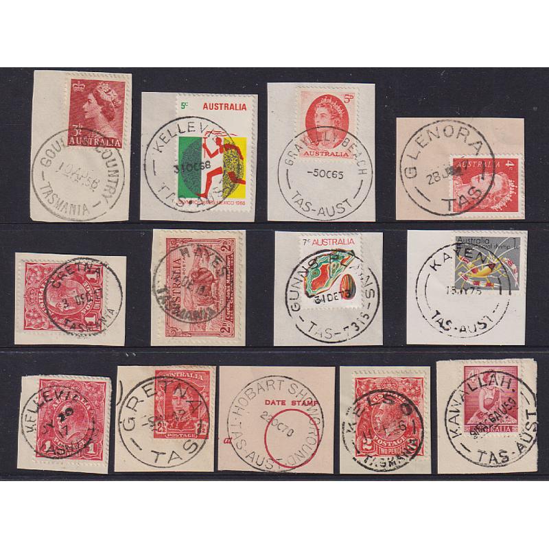 (CT1321) TASMANIA · a Baker's Dozen of selected cds postmarks from the pages of the Avery Collection · includes "better" with HOBART SHOWGROUNDS, KAYENA, GUNNS PLAINS Type 6a, KELSO, KELLEVIE, etc. (13)