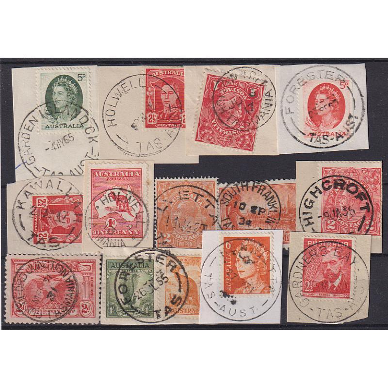 (CT1322) TASMANIA · a Baker's Dozen of selected cds postmarks from the pages of the Avery Collection · includes "better" with FORESTER Types 4 and 5s, HENRIETTA Type 5(s), HOLLOW TREE Type 1, etc. (13)