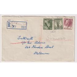 (CT1324) TASMANIA · 1964: registered cover to Tattersall mailed from FRANKLIN SOUTH with light strikes of the Type 5 cds front/back · provisional registration label · postmark rated 2R · excellent condition (2 images)